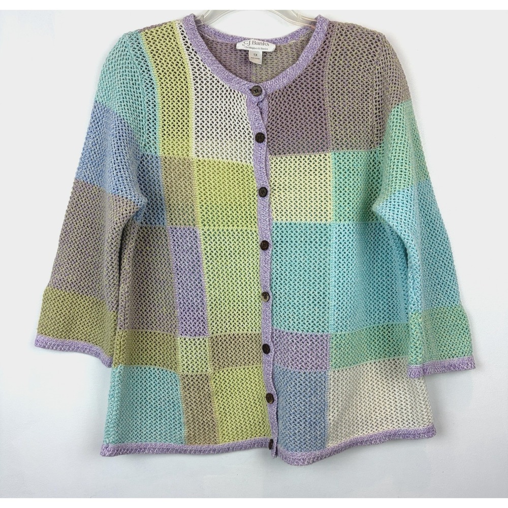 Open Knit Rainbow Cardigan Sweater 1X Hippie Boho Layer Color Block Pastel
